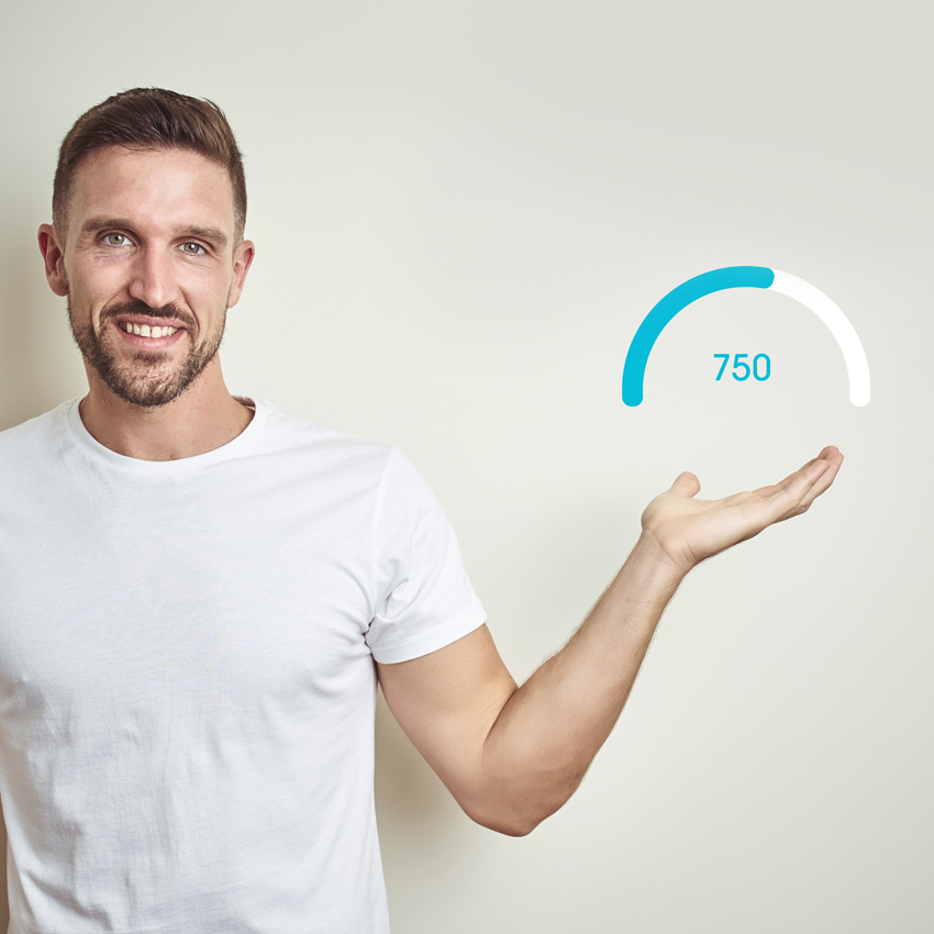 Man holding hand up with credit score