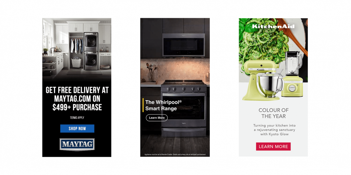 Three vertical ads: Maytag laundry appliances with free delivery offer, Whirlpool smart range, and KitchenAid mixer in "Kyoto Glow" green as color of the year.