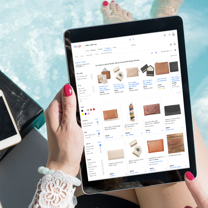 woman shopping on ipad at pool