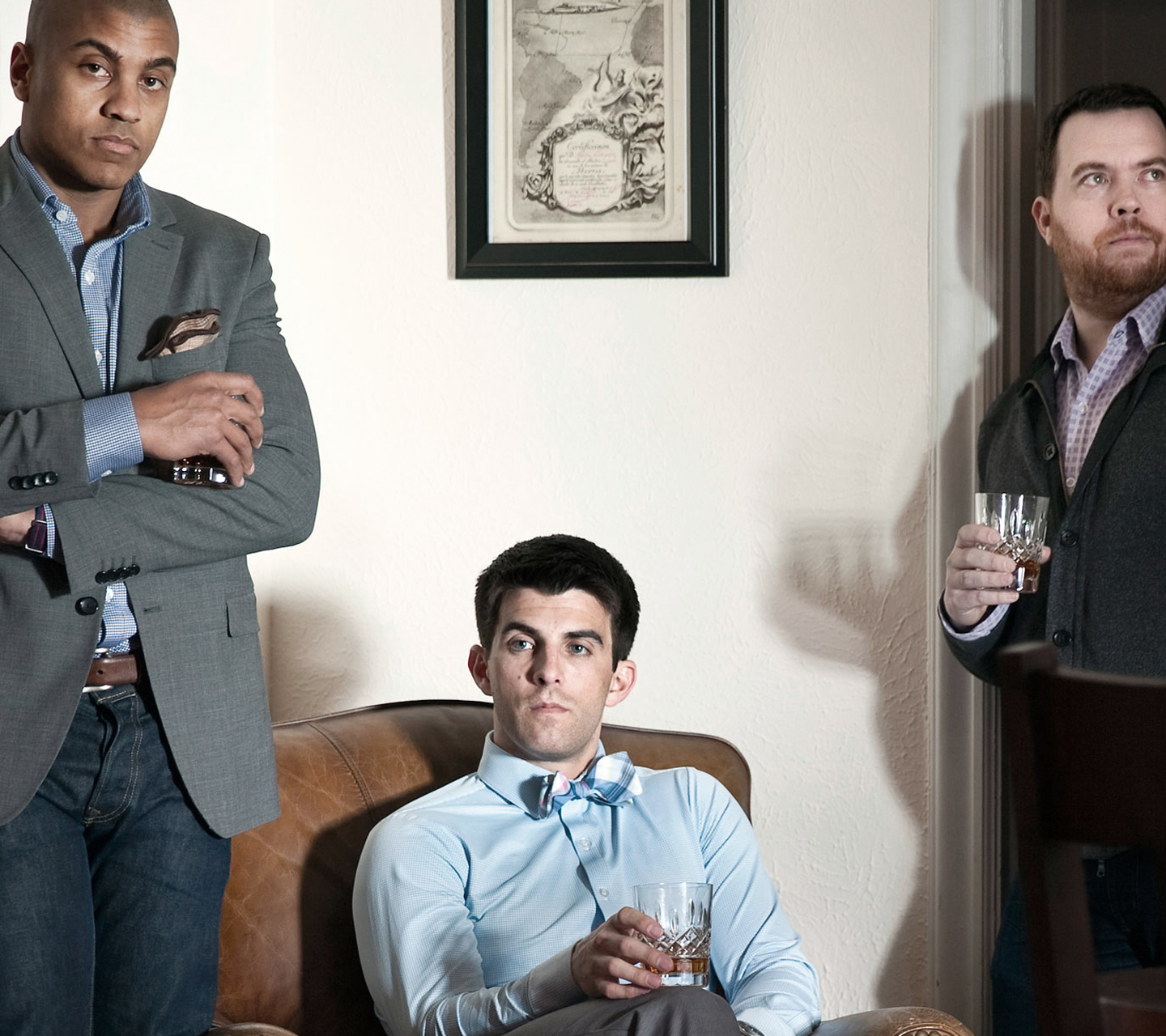 men modeling mizzen and main in lounge