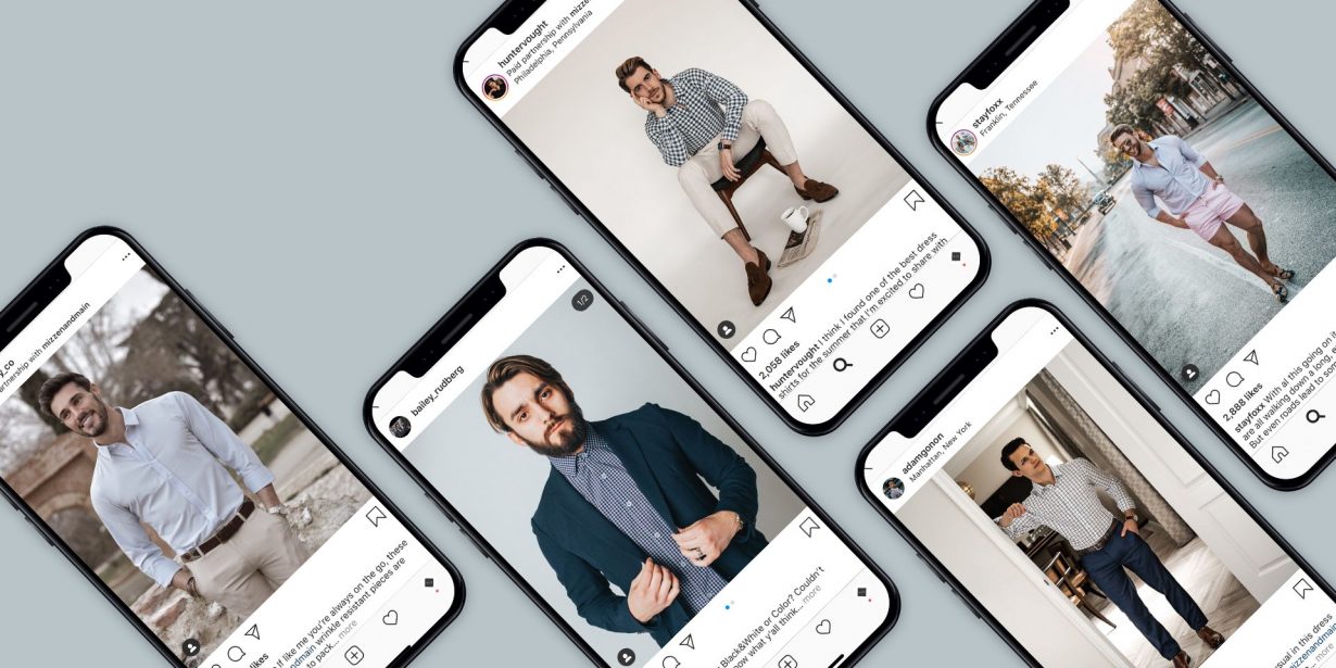 Five smartphones display Instagram posts of men modeling various smart-casual outfits, including button-up shirts, blazers, trousers, and shorts, on a light gray background.