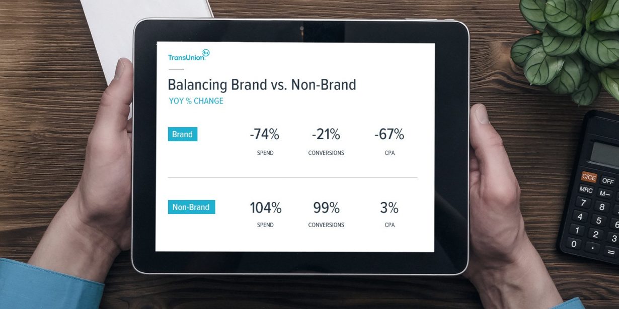 A person holds a tablet displaying a report titled "Balancing Brand vs. Non-Brand" with percentage changes in spend, conversions, and CPA for brand and non-brand categories.