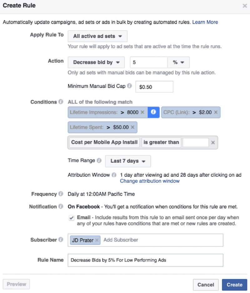 FACEBOOK automated rules