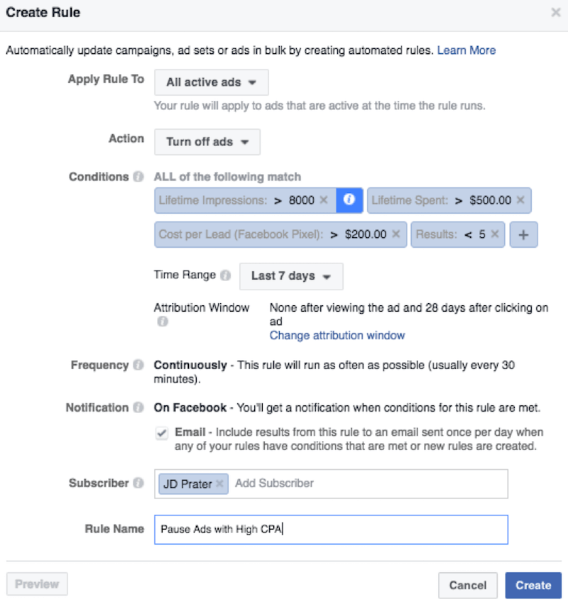 FACEBOOK automated rules