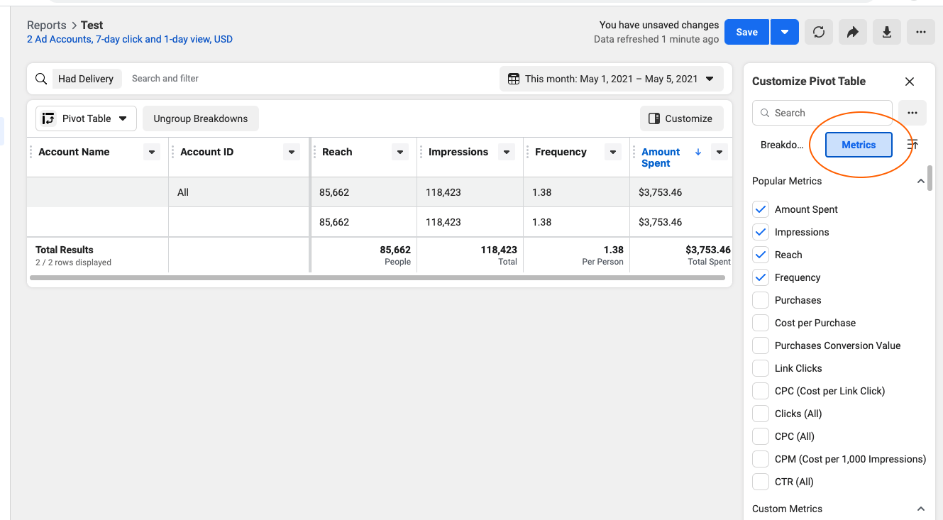 facebook business manager standard performance metrics