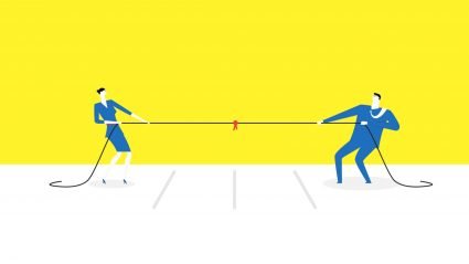 Illustration of two business people engaged in a tug-of-war