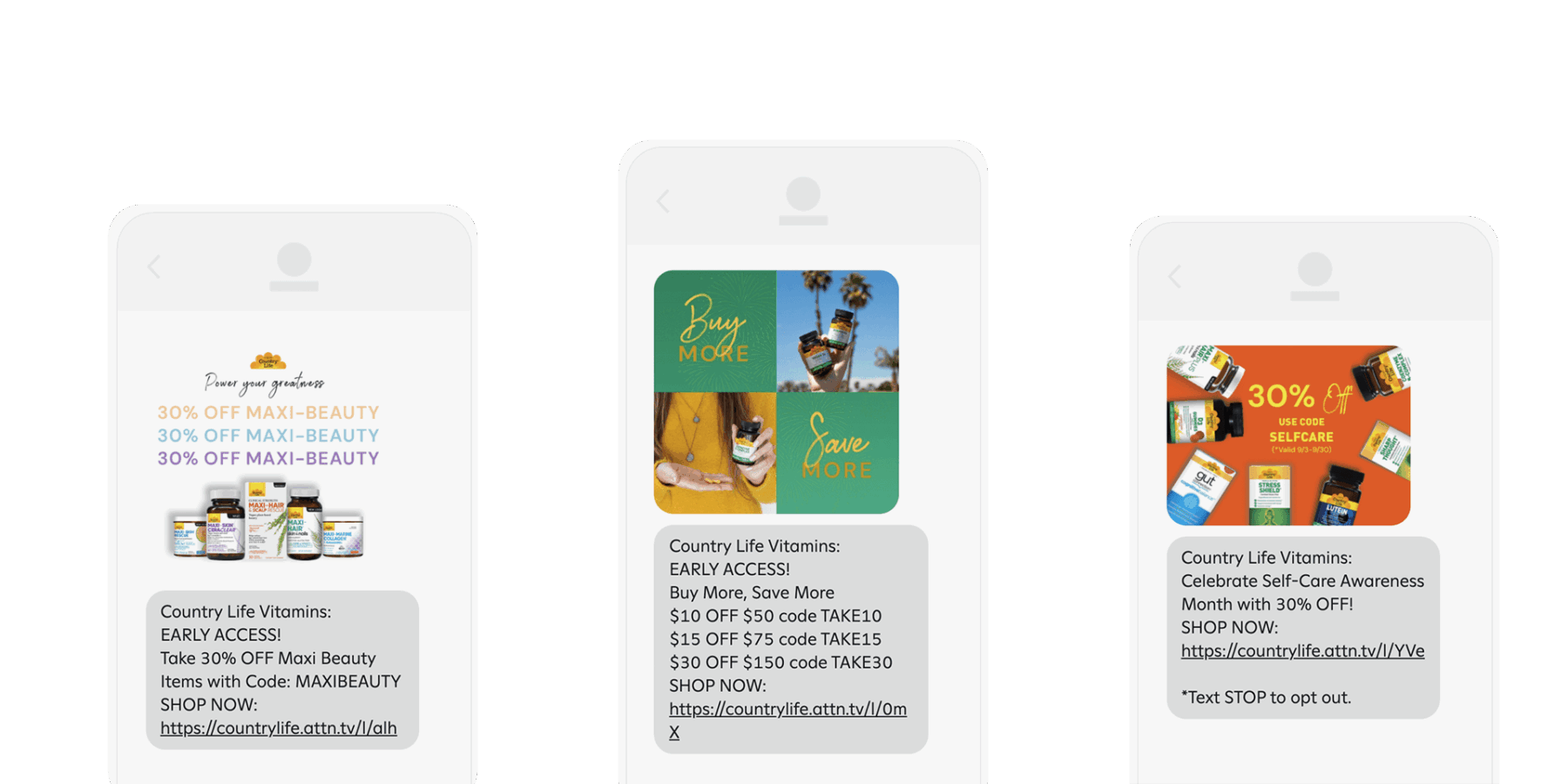 Three smartphone screens display text message ads for Country Life Vitamins, featuring discount offers and product images in promotional graphics.