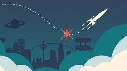 Cartoon rocket taking off in futuristic landscape