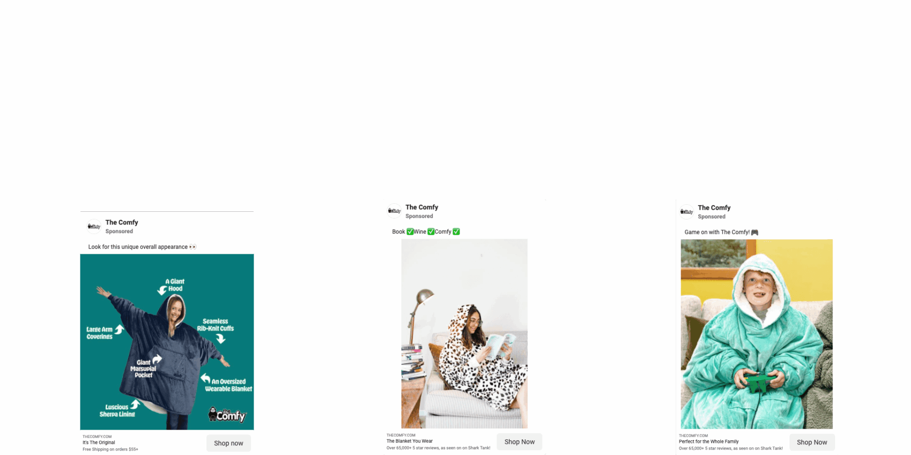 Three advertisements for wearable blanket products, each featuring a person posing in a different color and style of oversized hooded blanket at home.