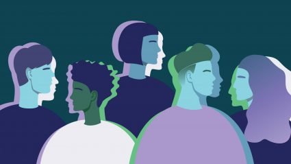 Illustration of a group of individuals in shades of blue and green