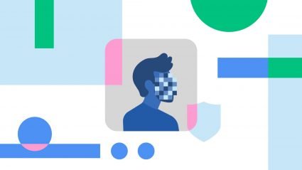 Pixelated person on multi-colored background