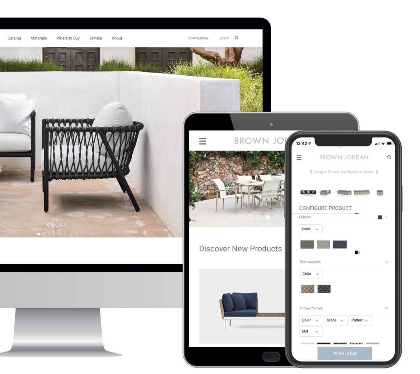 A desktop, tablet, and smartphone display the Brown Jordan website featuring outdoor furniture and a product configuration tool.