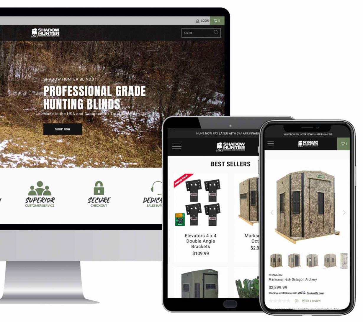 Computer and smartphone screens display a hunting blinds e-commerce website, featuring product images, prices, and navigation menus.
