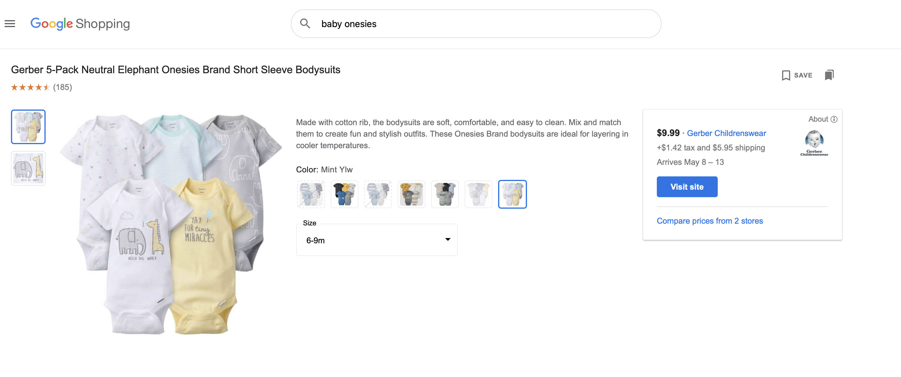 Google shopping ads for Gerber onesies