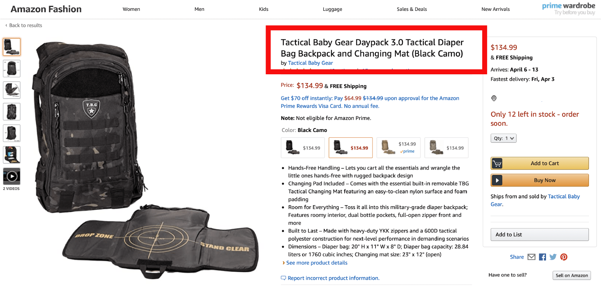 Amazon product page for tactical baby gear