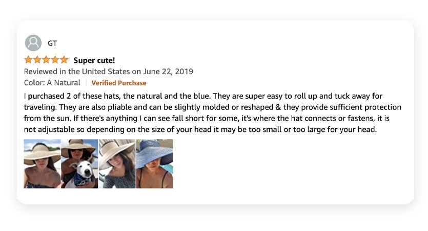 Customer review example of women's hat