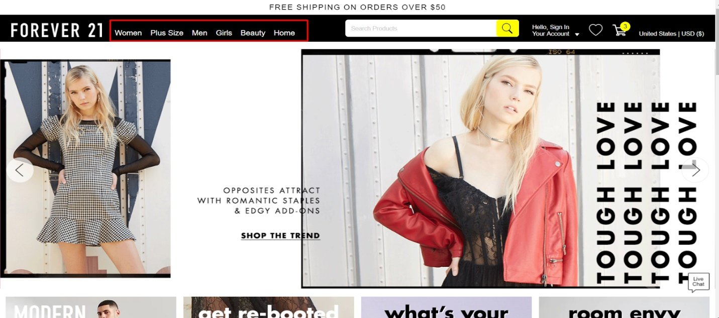 Forever 21 header navigation