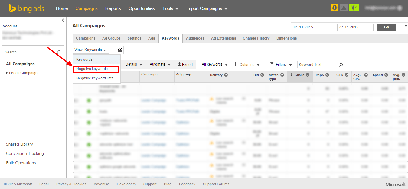 bing dashboard keywords highlight