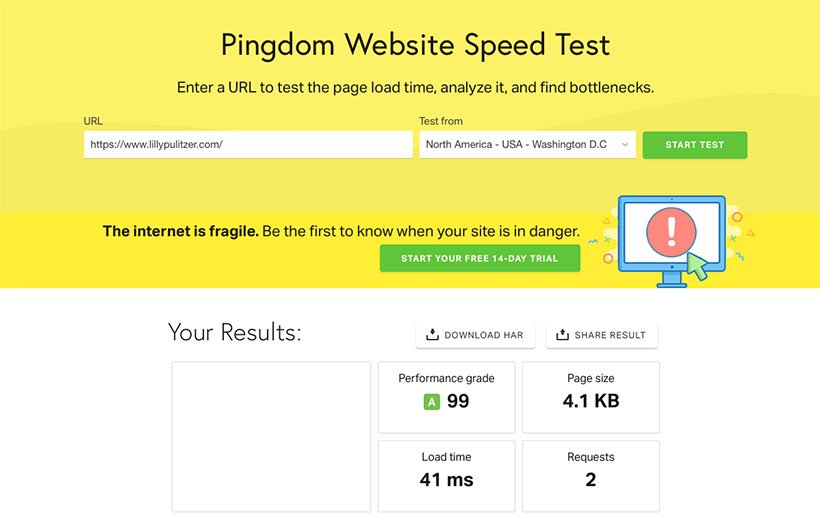 pingdom website speed test results