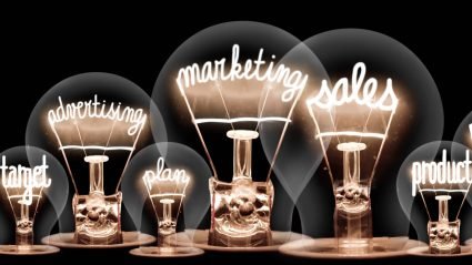 Concept of phrases inside lightbulbs: target, advertising, plan, marketing, sales, product