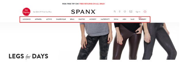 spanx navigation menu highlight