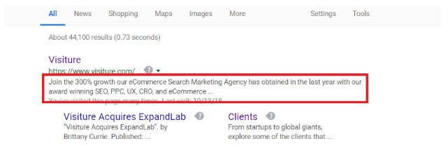 visiture meta description search result highlight