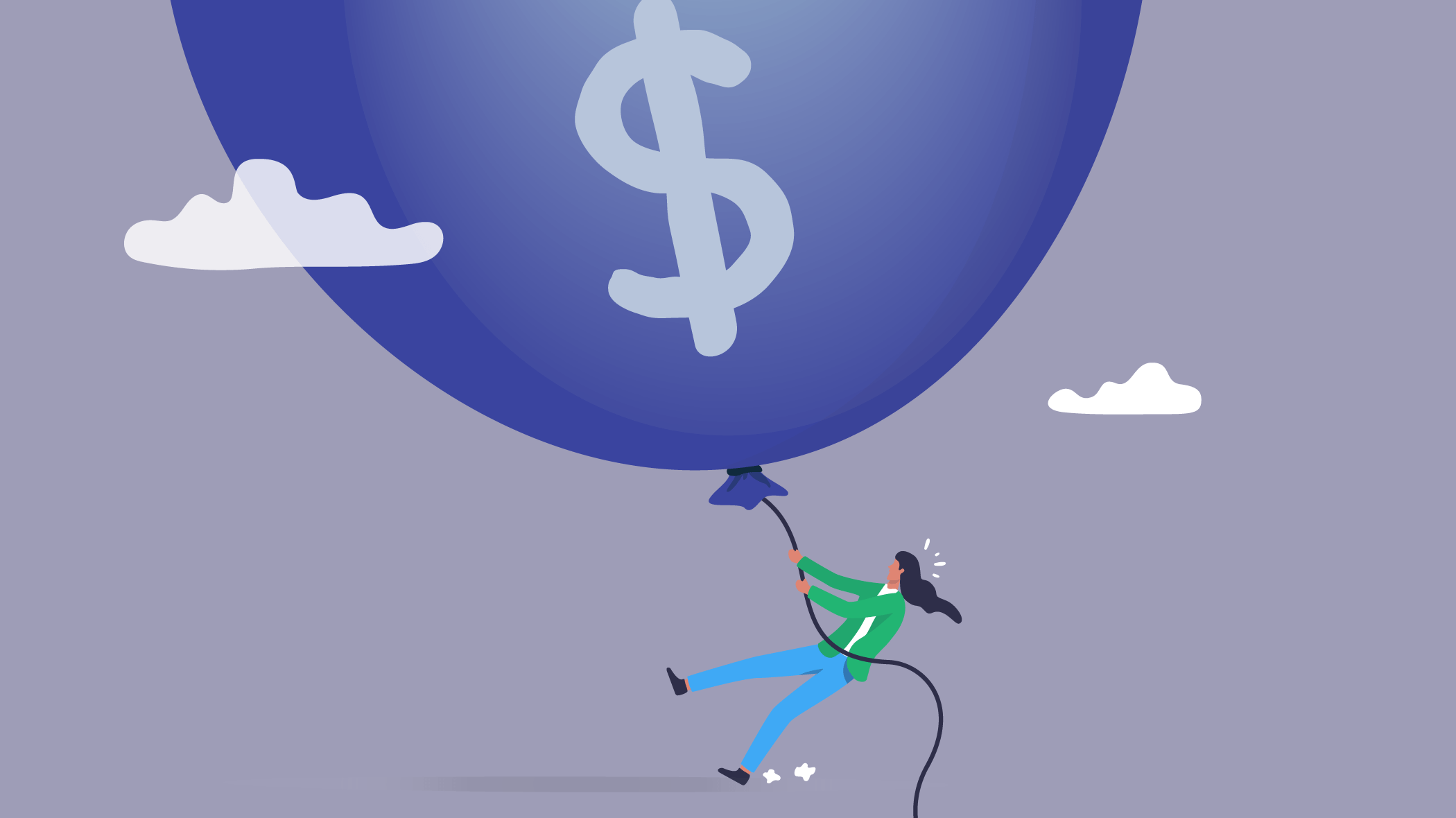 Woman holding onto balloon with money sign on it