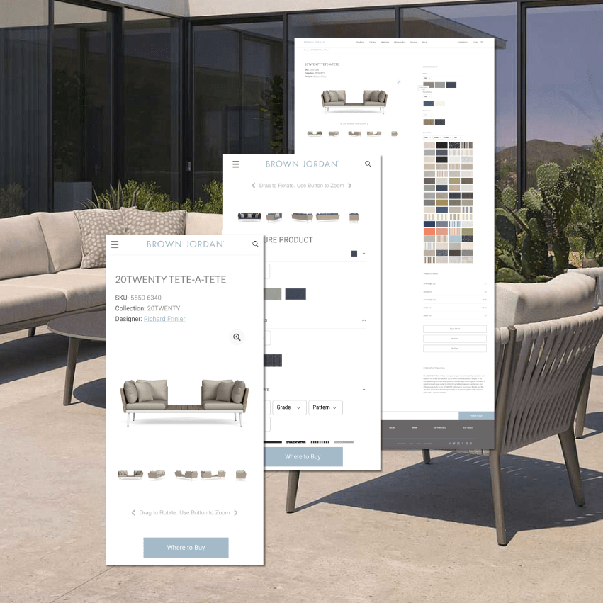 Screenshots of Brown Jordan product webpages with outdoor furniture in the background