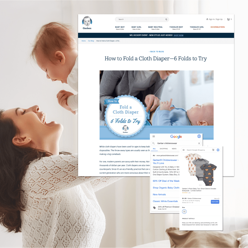 Graphics of Gerber website and paid ads in foreground, photo of mother raising baby above her head in the background