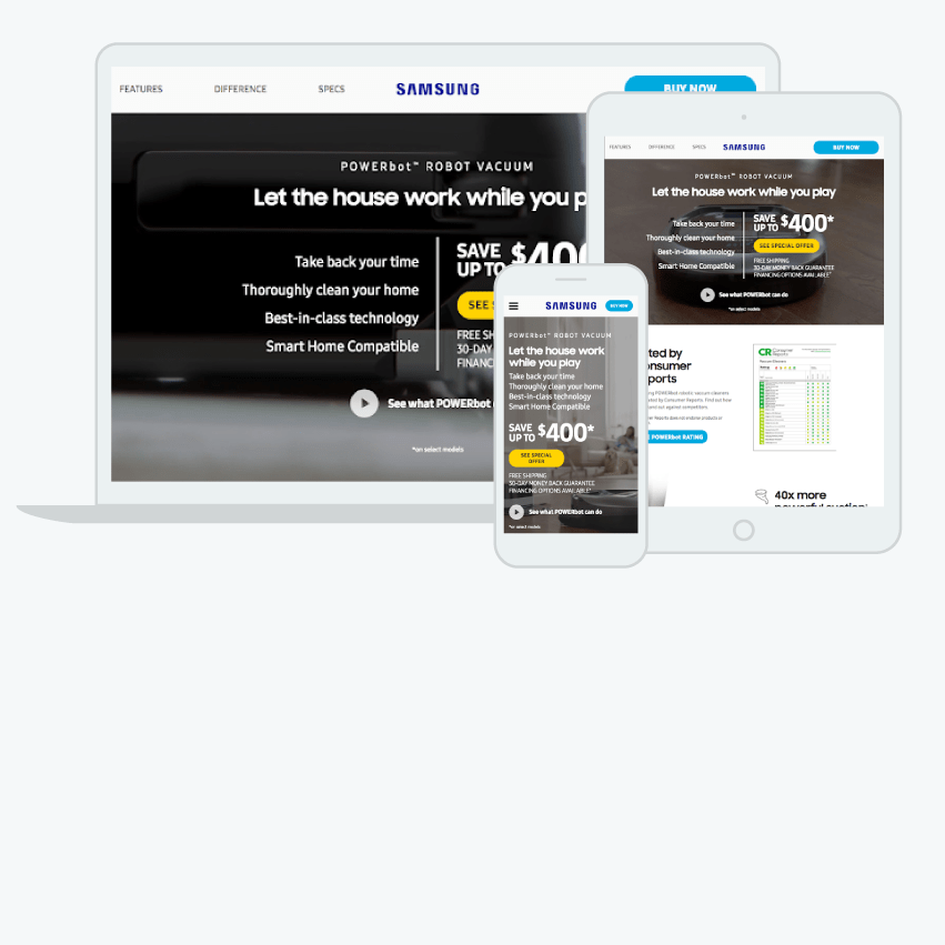 Mock-ups of Samsung website on 3 devices: laptop, tablet, and mobile phone.