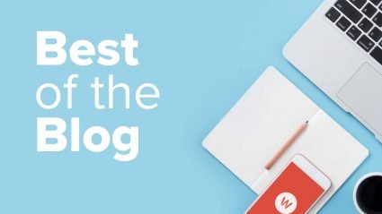 Words "best of blog" on blue background with laptop and phone showing wpromote logo