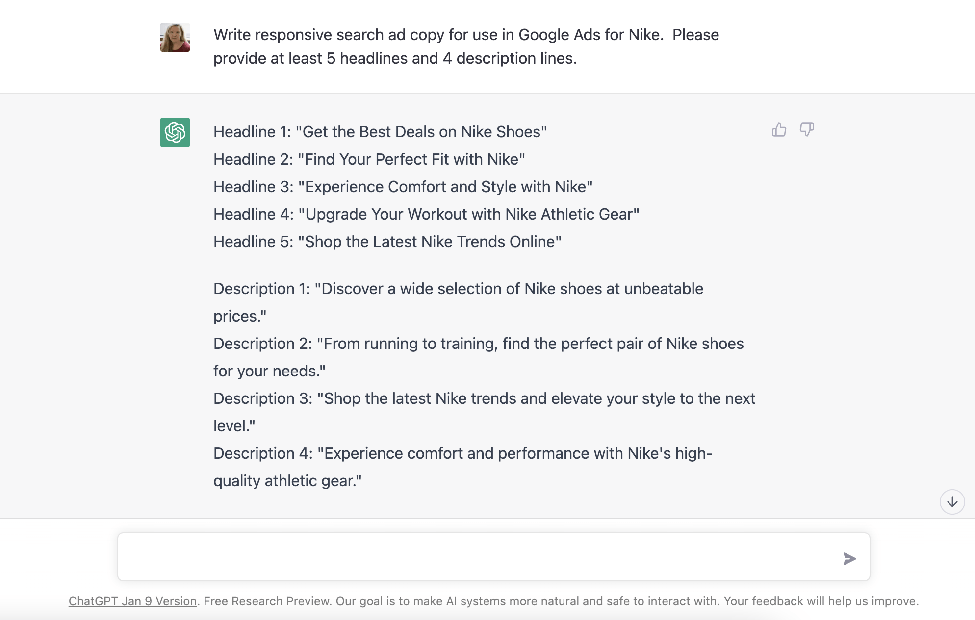 Example of ChatGPT answering a query to write RSA copy for Nike