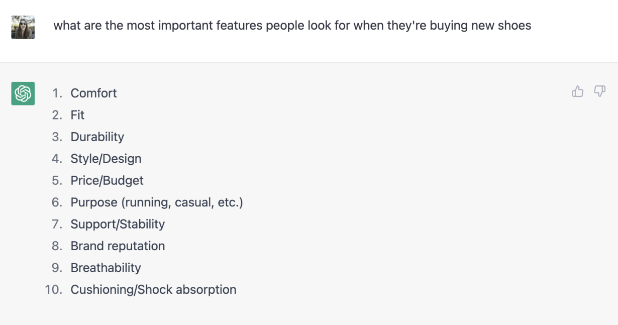 ChatGPT answer for what are the most important features people look for when they're buying new shoes