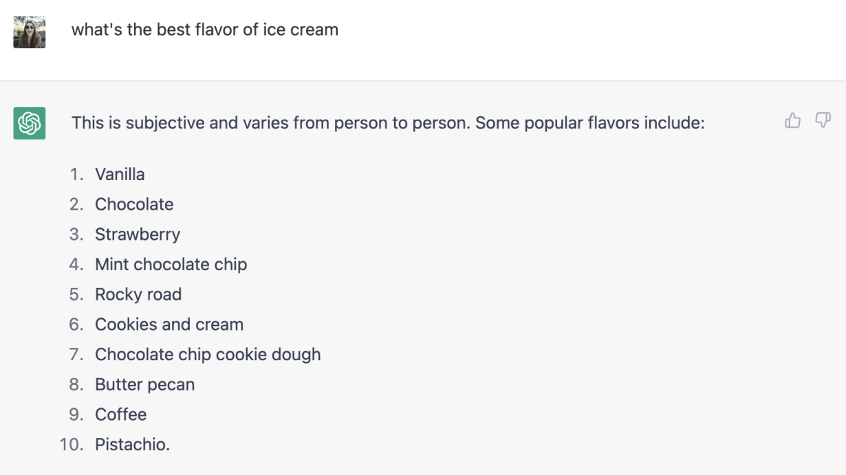 ChatGPT answers "what's the best flavor of ice cream?"