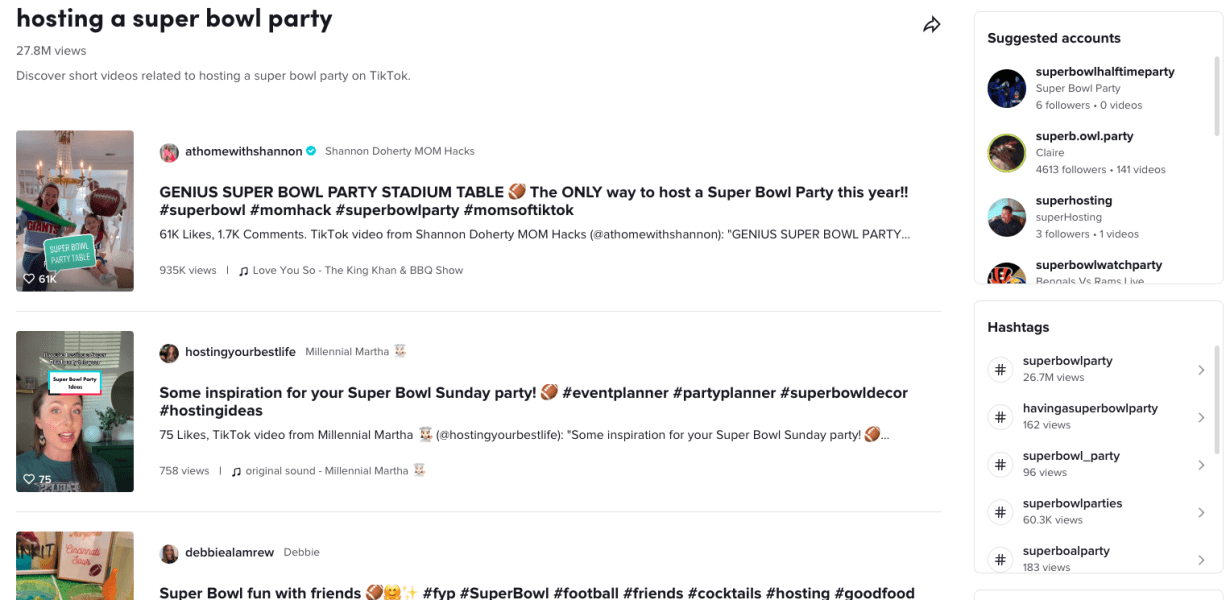 Hosting a Super Bowl Party TikTok search