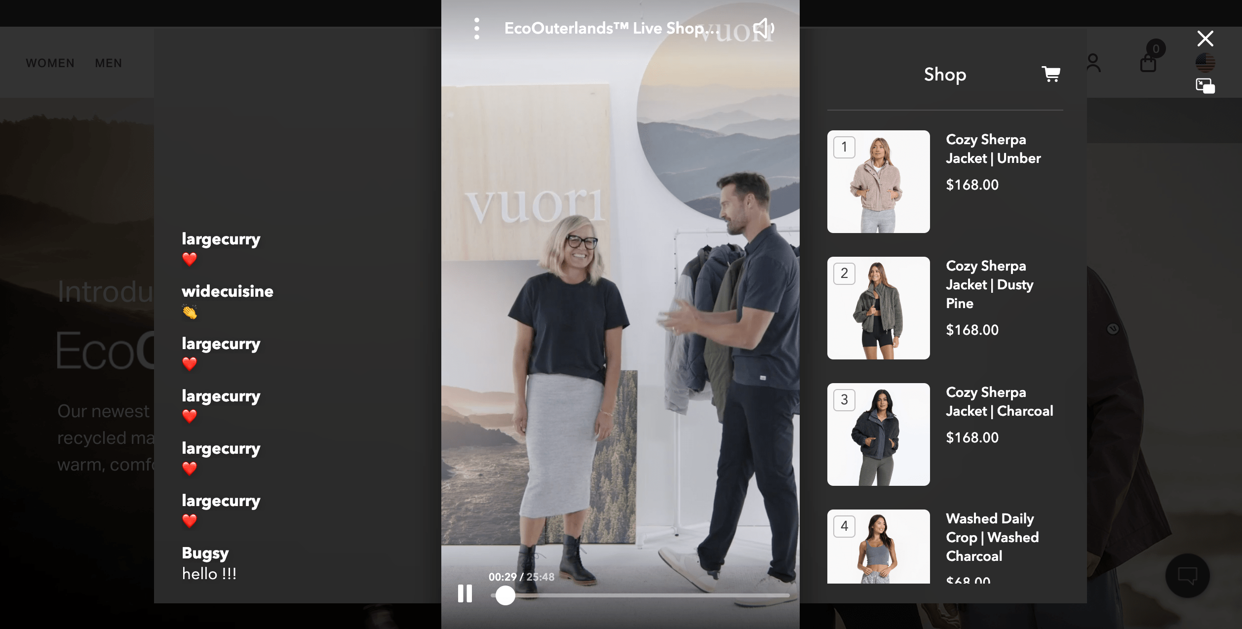 Example of Vuori Live shopping on site