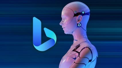 Bing logo and robot on blue background