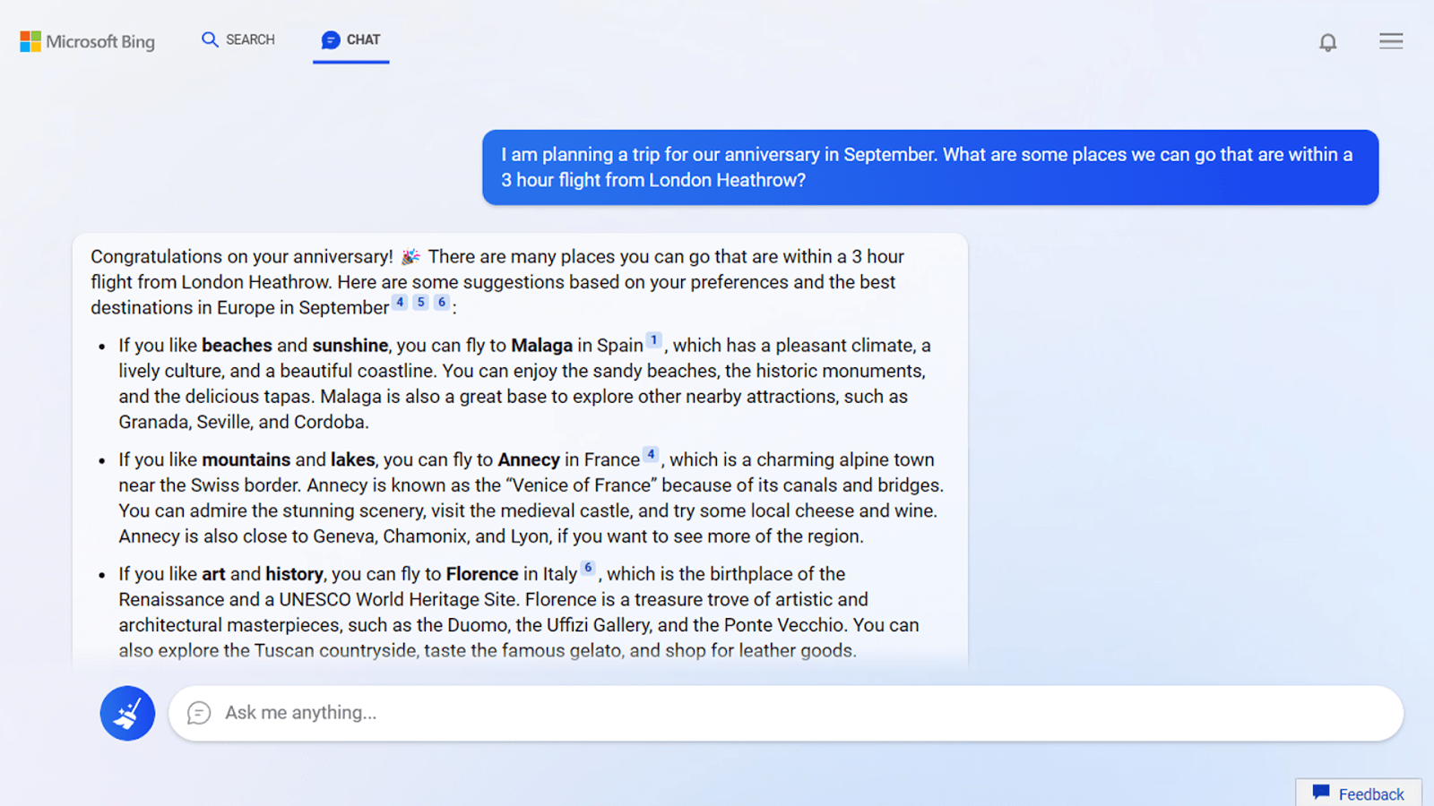 Example of Microsoft Edge's Chat function