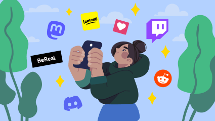 Woman on phone surrounded by social logos