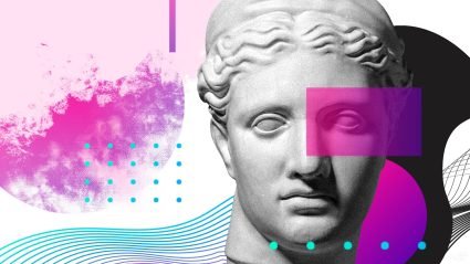 Marble bust on pink and blue aesthetic background