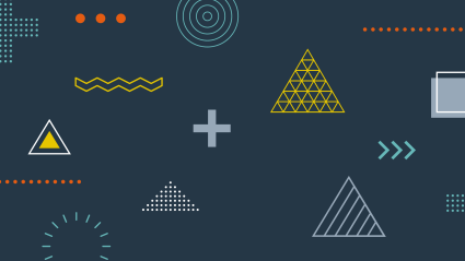 Navy background with brightly colored pyramids, swirls, and squiggles