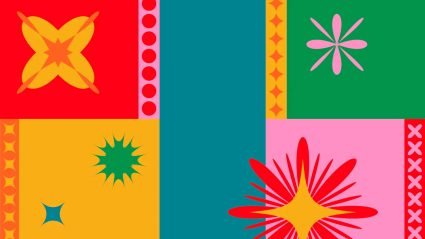 Bright multi-colored background with flowers and sunburst shapes