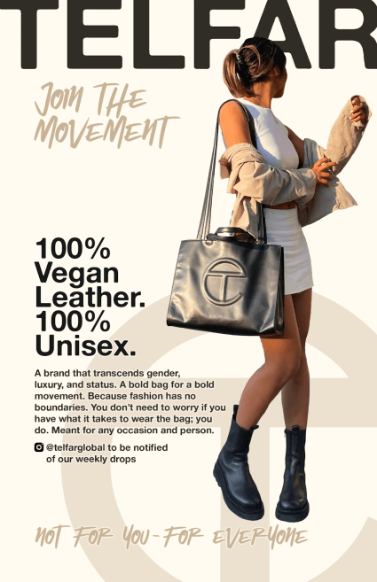 Woman with Telfar bag on tan background with words "Join the movement" 