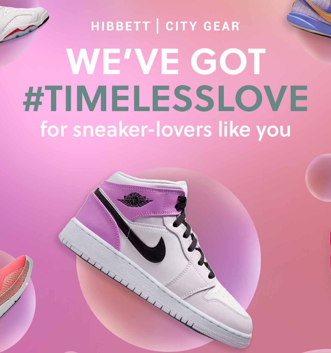 A pink and white Nike Air Jordan sneaker is displayed on a colorful gradient background with the text: "We’ve got #TimelessLove for sneaker-lovers like you. Hibbett | City Gear.