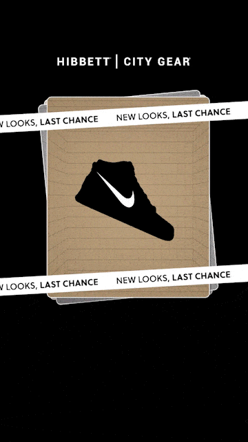 A black Nike high-top sneaker silhouette is centered on a tan background, with the text "NEW LOOKS, LAST CHANCE" and "HIBBETT | CITY GEAR" above.