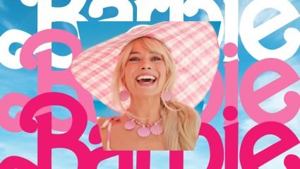 Margot Robbie overlaid on Barbie Text