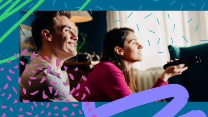 Two people enjoy streaming TV on blue background