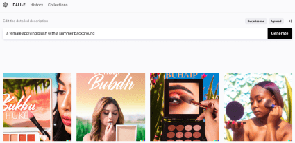 An example of AI graphic design: Dall-E generated image responses to the prompt "a female applying blush with a summer background"