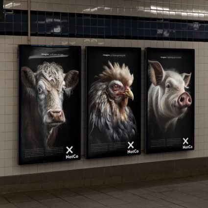 NotCo's ads in the subway showing AI-generated images of what farm animals would look like if they aged to the end of their lifespan