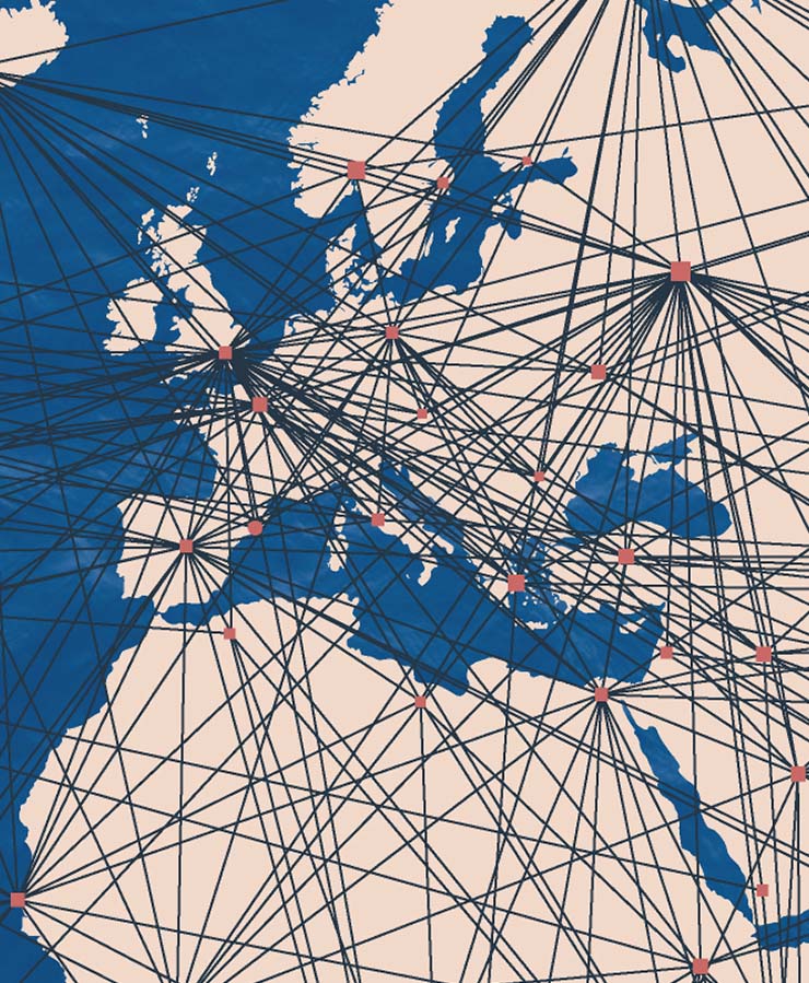 Going Global White Paper graphic: a growing network over a map of the world